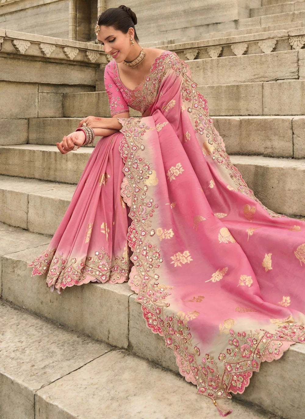 Peach Viscose Tissue Silk Saree with Stone and Sequin Embroidery