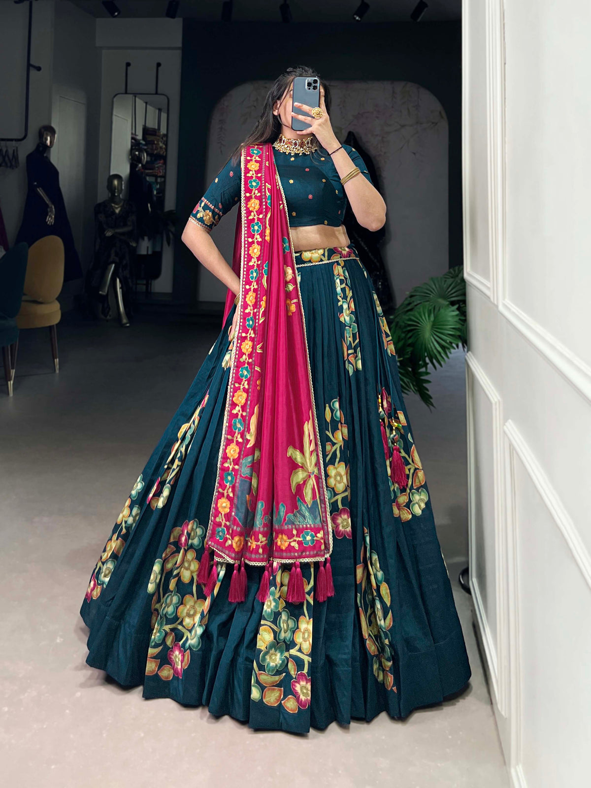 Peacock Blue Color Printed And Foil Work Tussar Silk Lehenga Choli