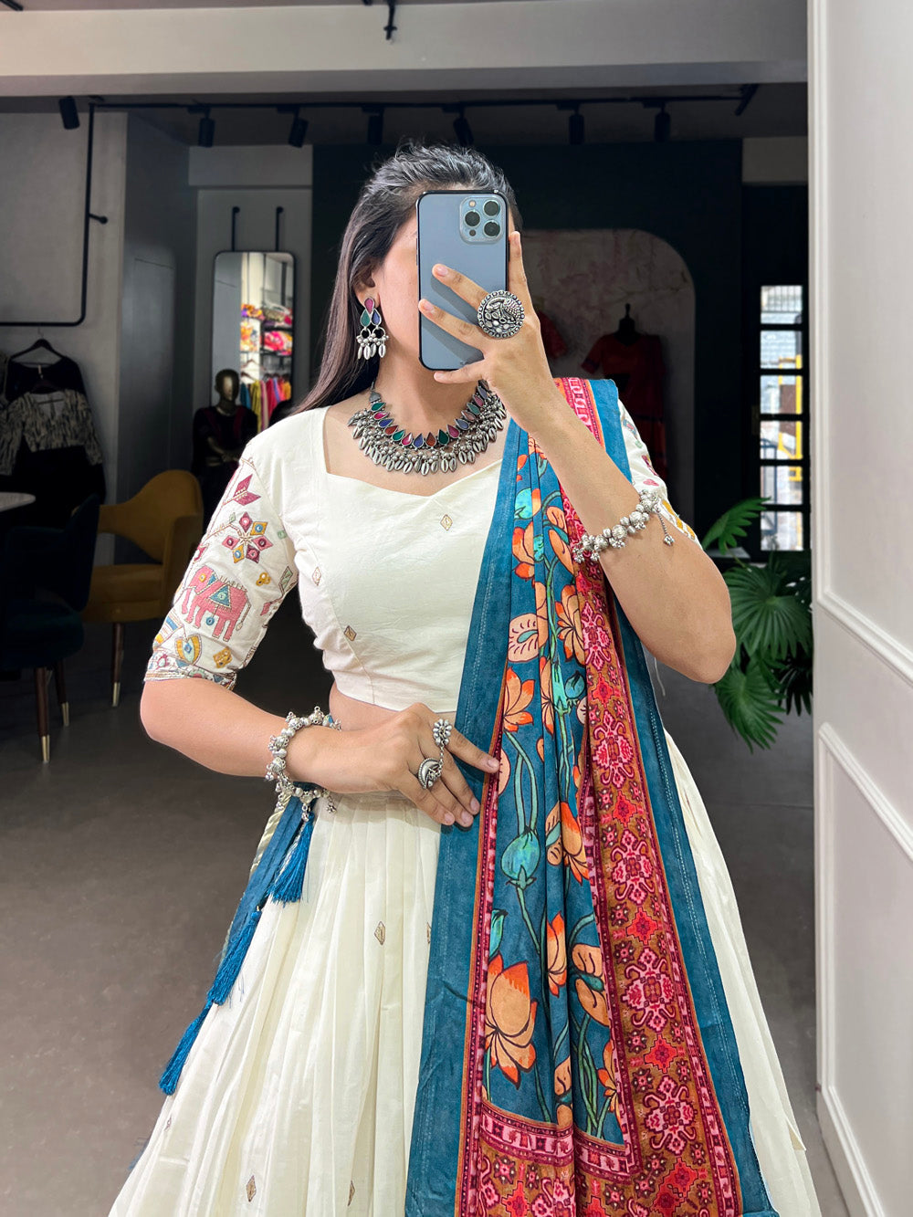Peacock Design Sequins And Thread Embroidery Work Khadi Cotton Chaniya Choli