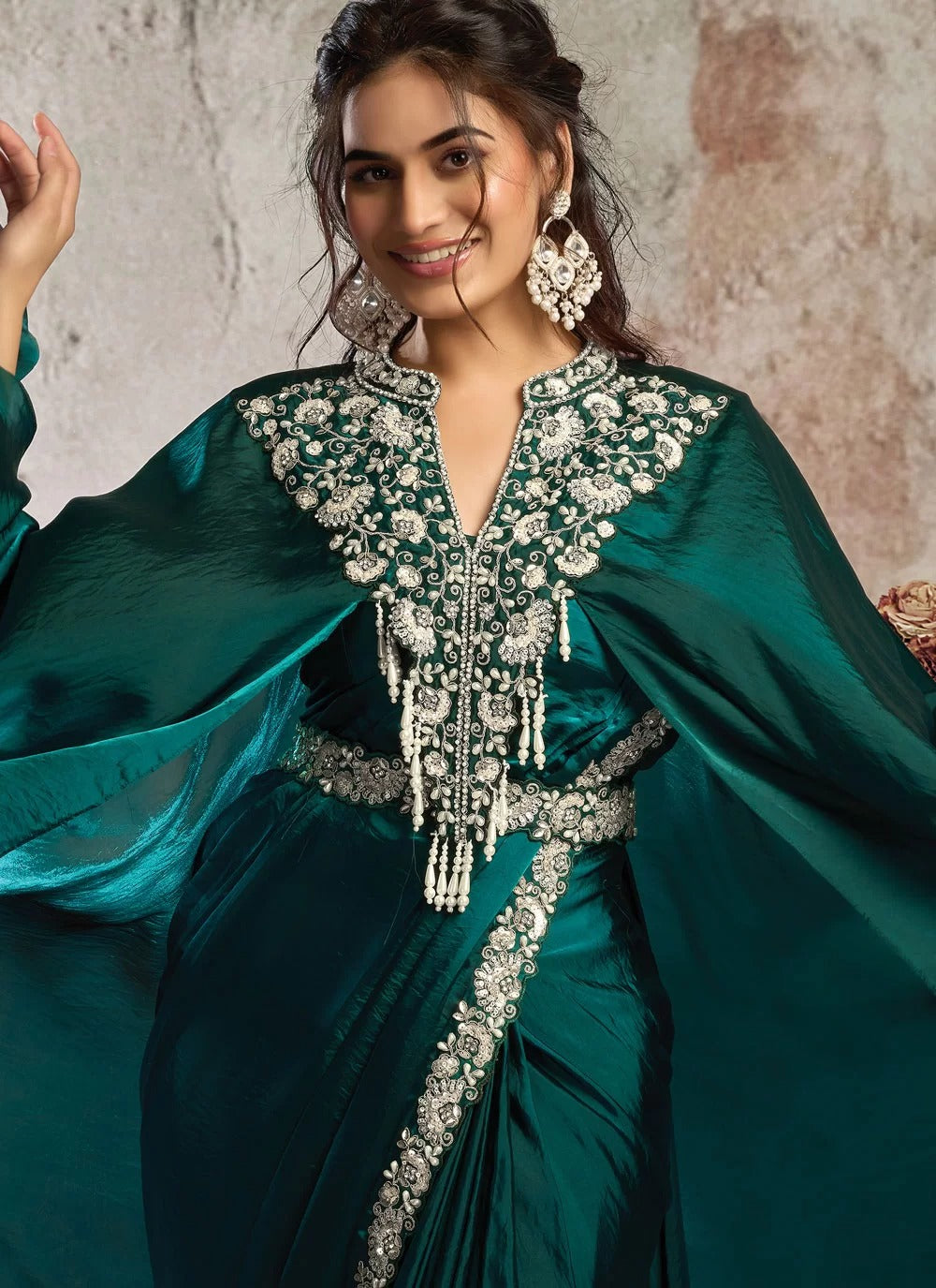 Party wear peacock green saree with sequins and pearl work