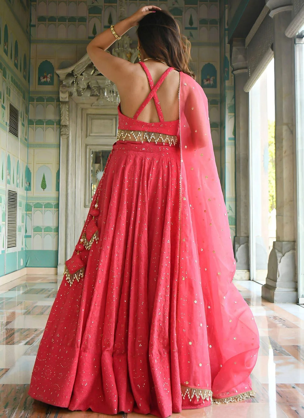 Pink festive lehenga with organza dupatta for women