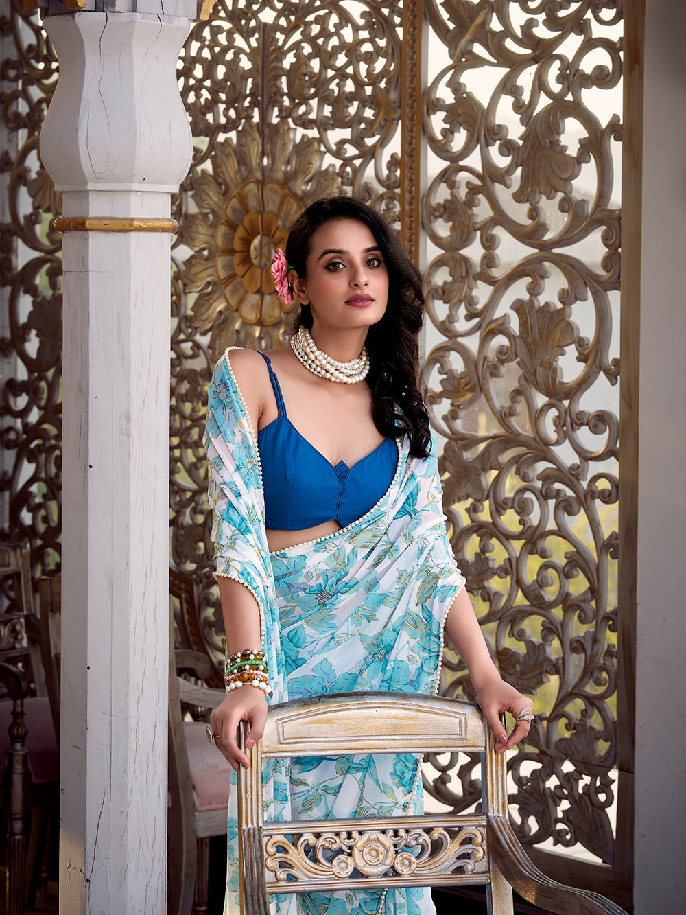 Pearl lace border saree in soft marble fabric