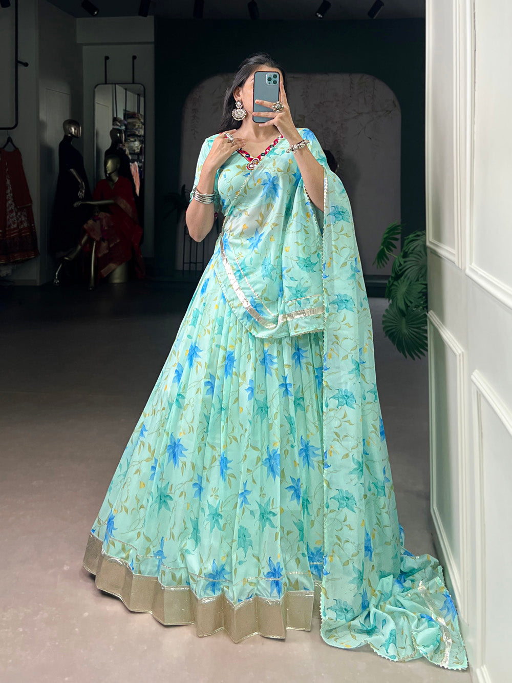 Pista Lehenga with Embossed Lace Design