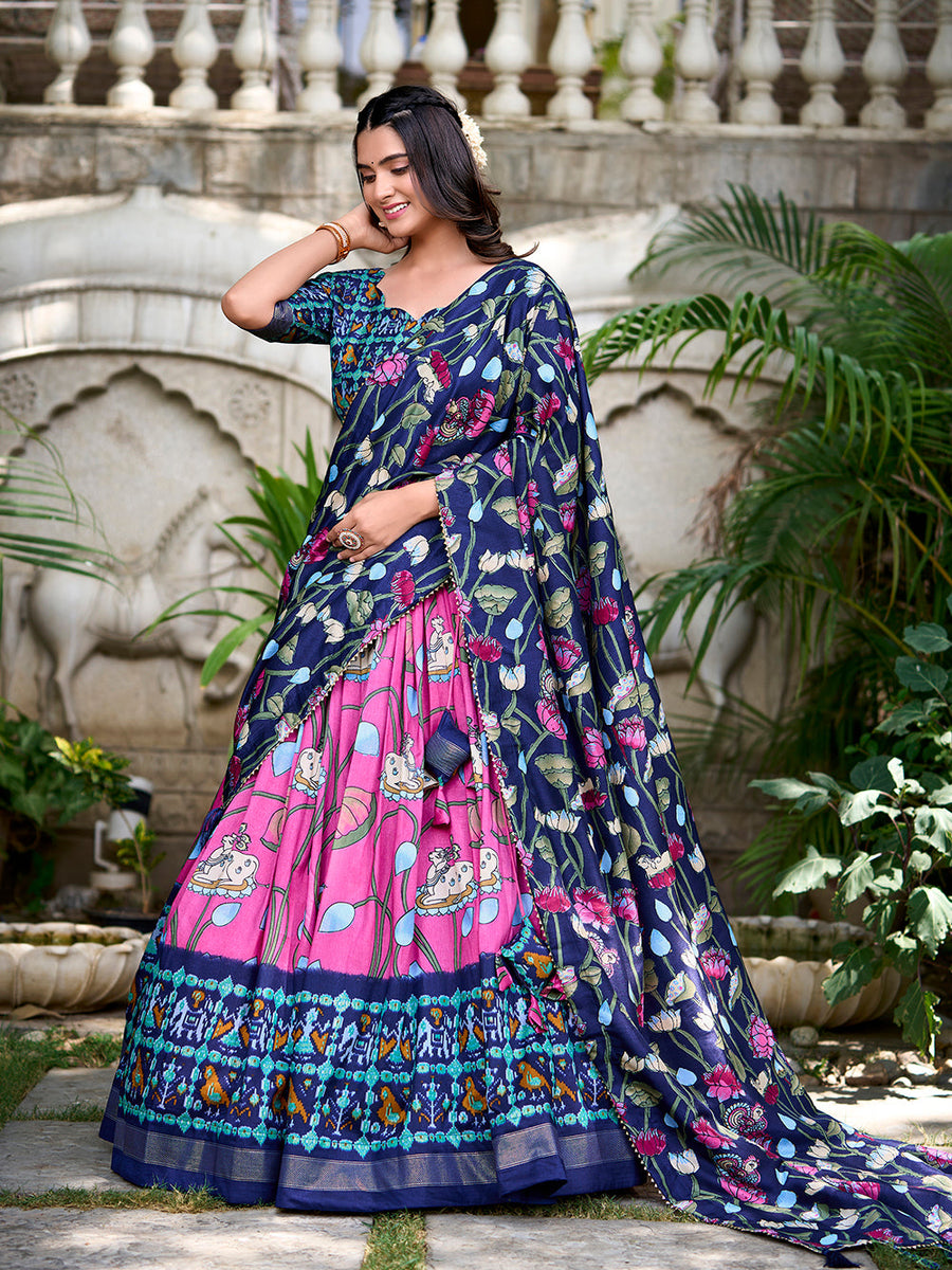 Pink Color Pichwai With Patola Print And Zari Weaving Border Tasar Silk South Lehenga Choli