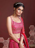 Pink and white embellished lehenga choli with dupatta and thread work