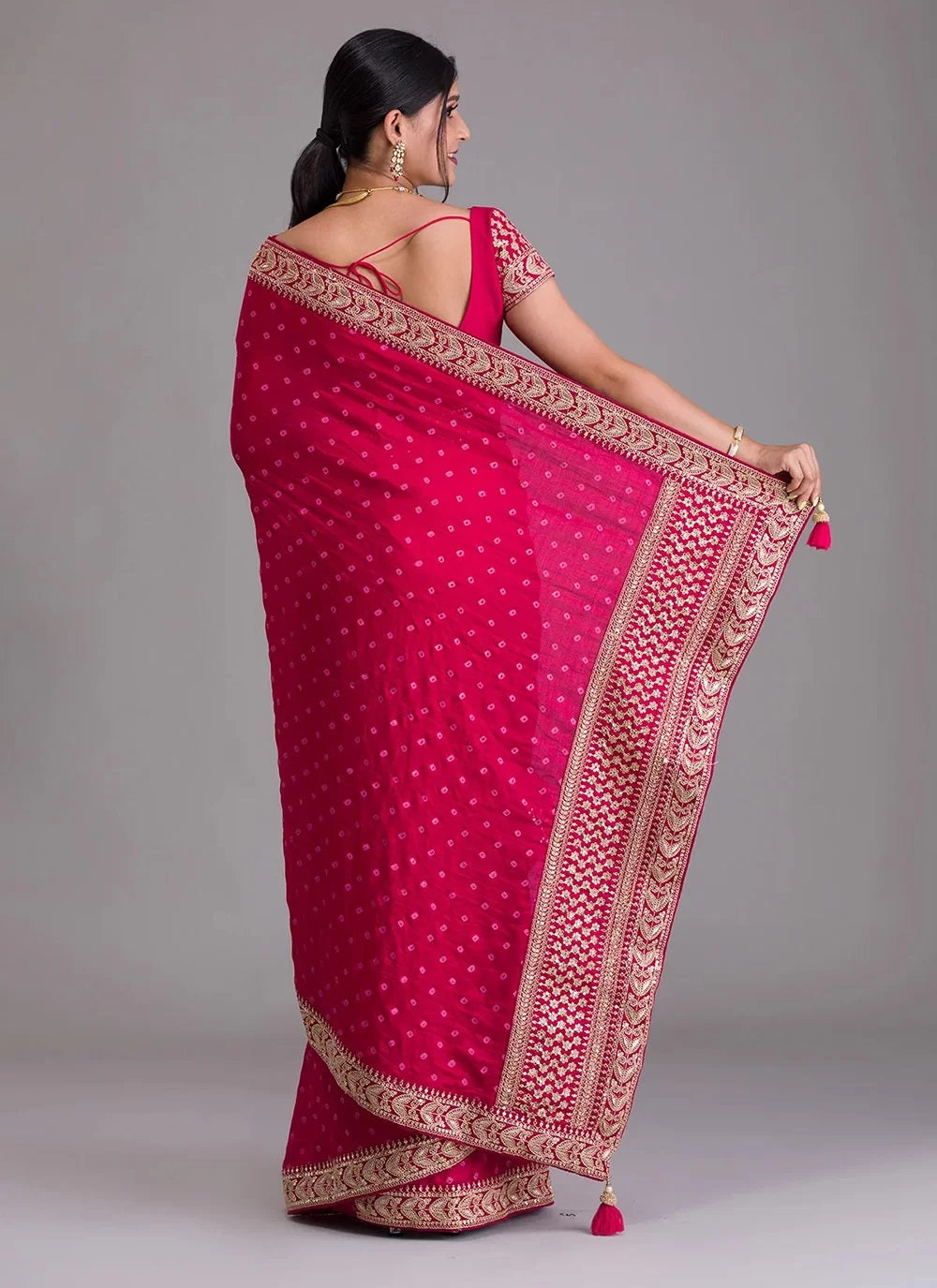 Pink Bandhani Print Georgette Indian Saree with Embroidered Border