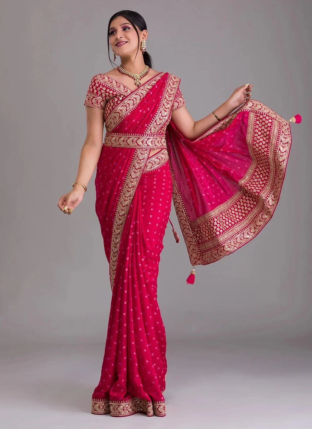 Pink Bandhani Print Georgette Indian Saree with Embroidered Border