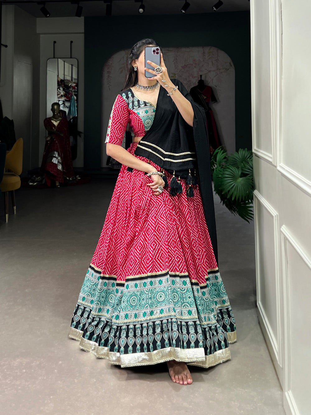 Pink Color Bandhej And Ajarakh Print With Gota Lace Border Rayon Chaniya Choli