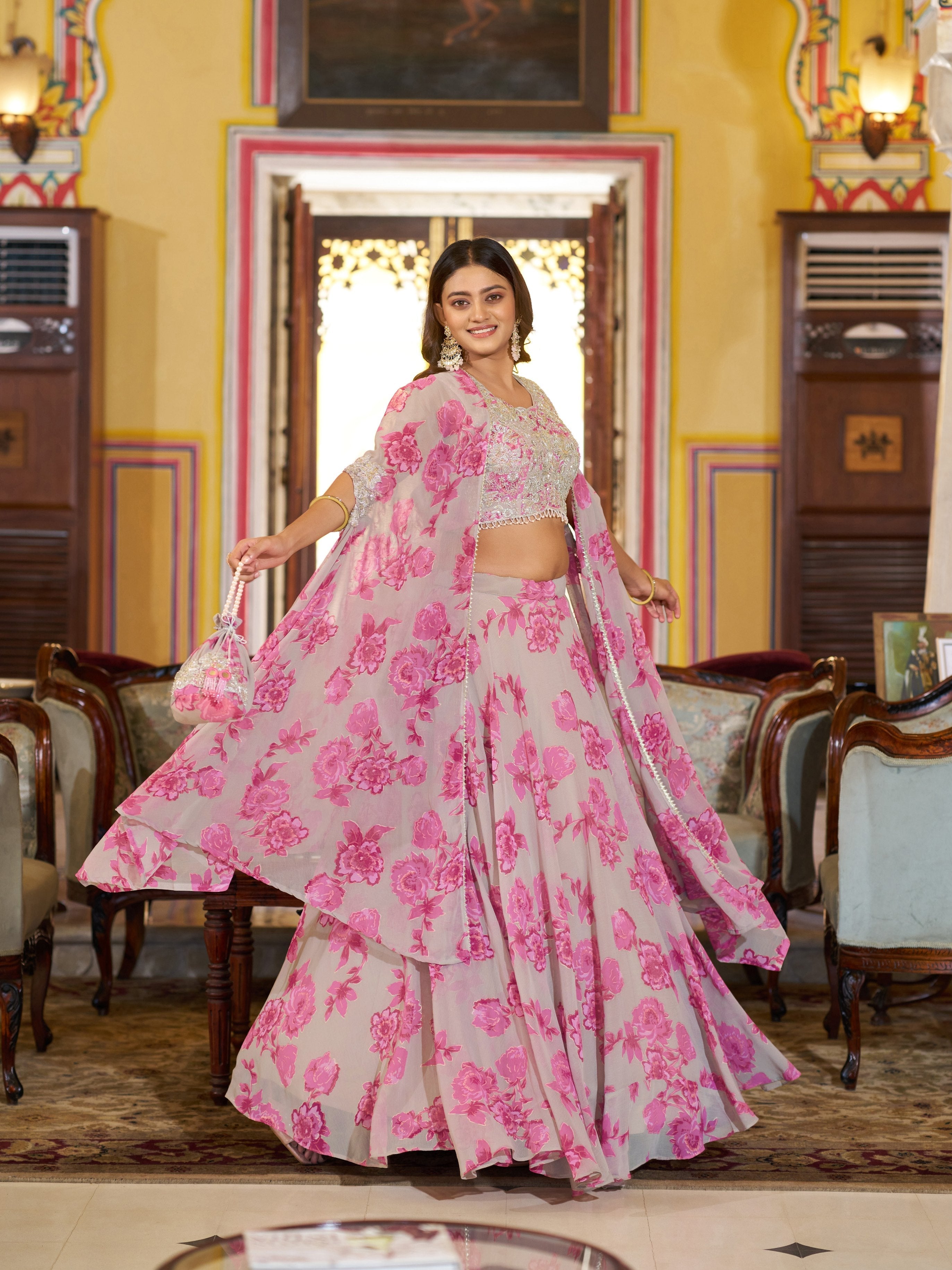 Indo Weastern Beads Work Lehenga