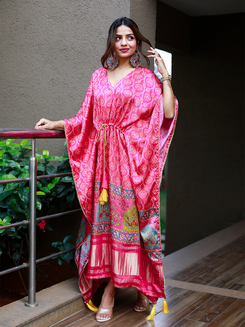 Pink Color Digital Print Pure Gaji Silk Kaftan