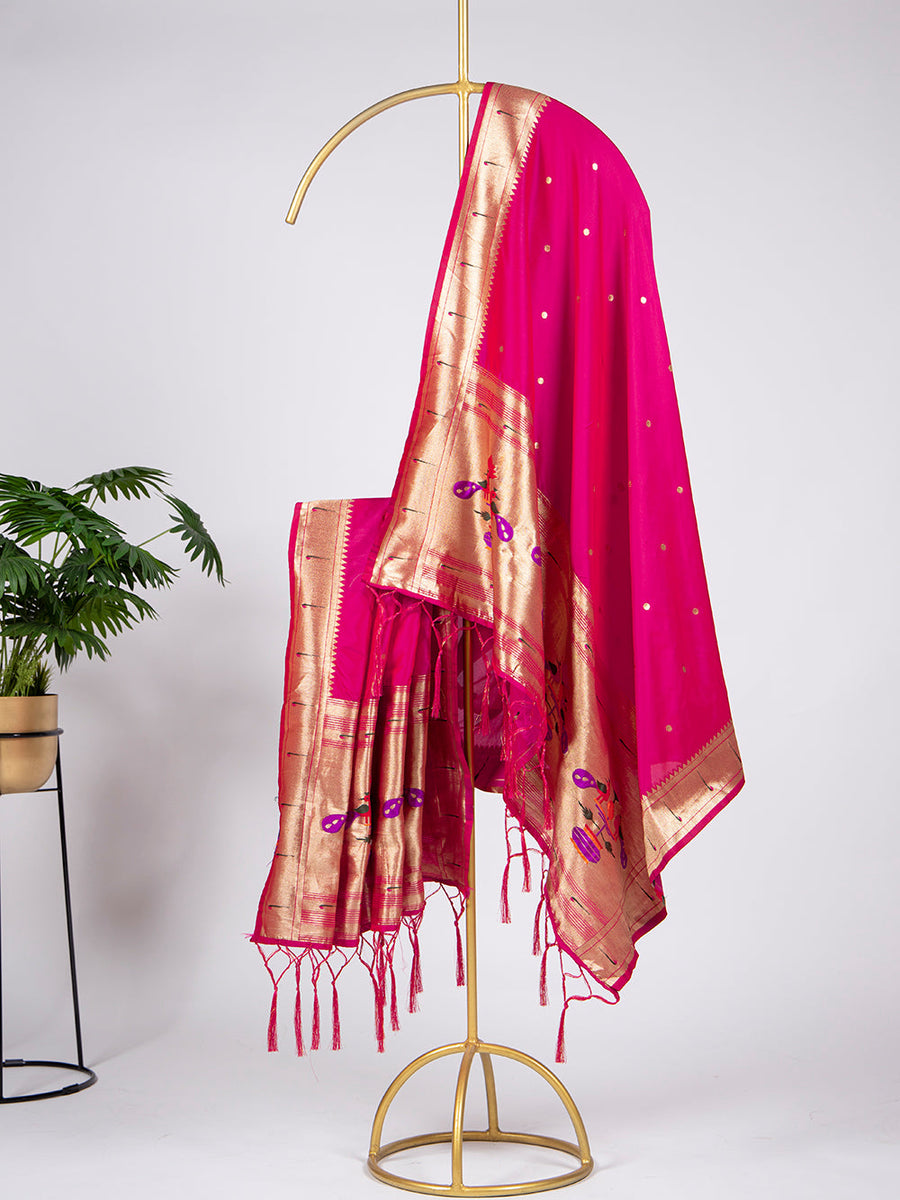 Pink Color Zari Weaving Work Jacquard Paithani Dupatta