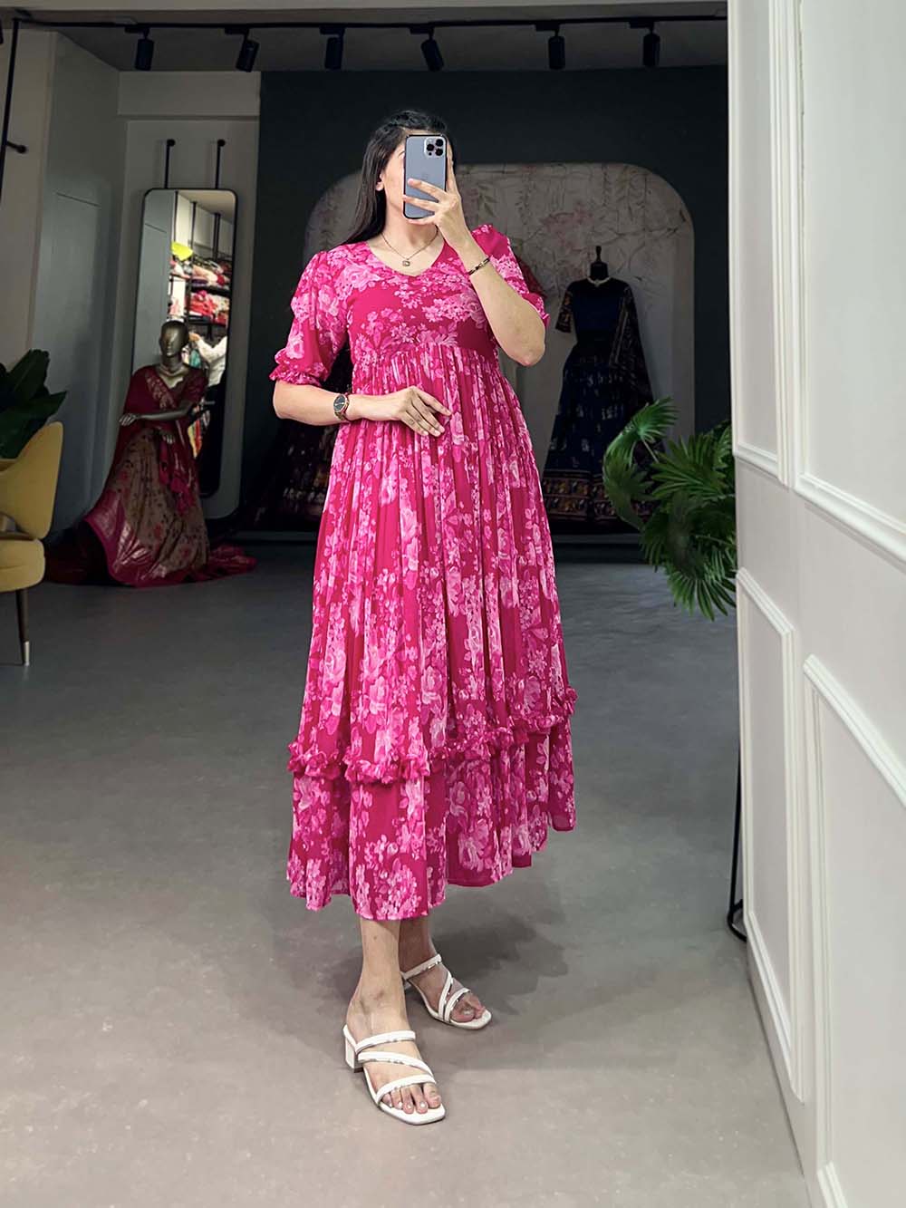 Pink Color Floral Print Georgette Dress