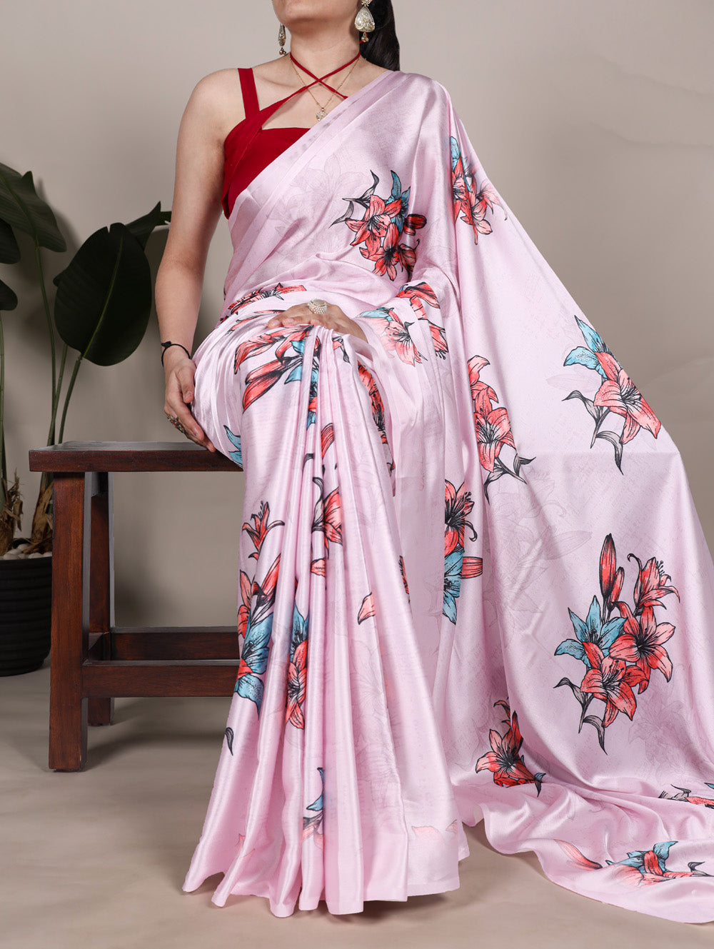 Light pink satin silk floral printed saree