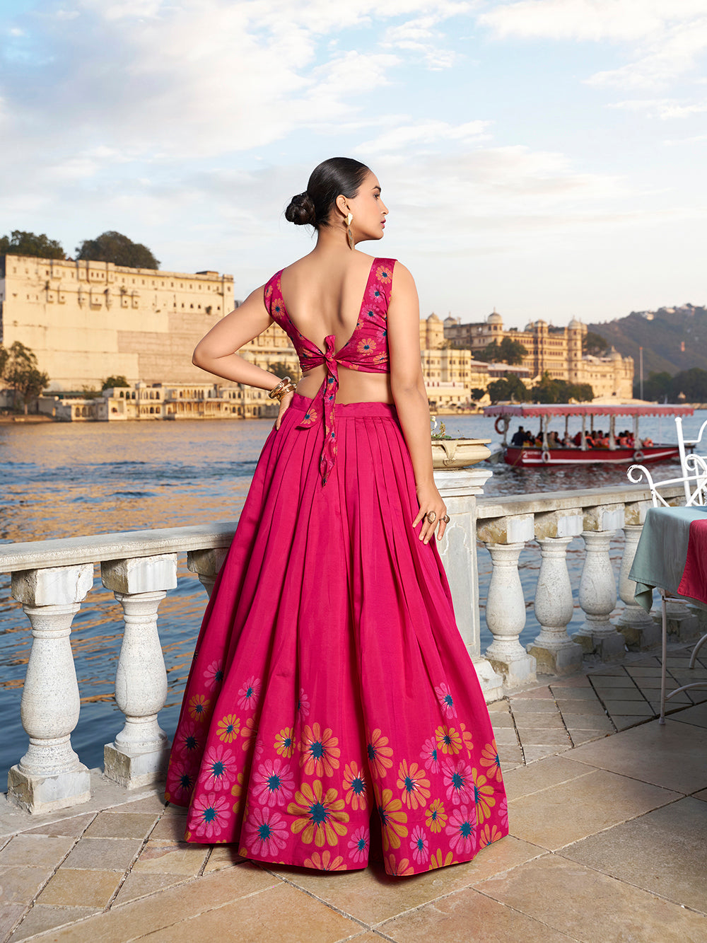 Pink Color Floral Print With Foil Work Tussar Silk Lehenga Choli