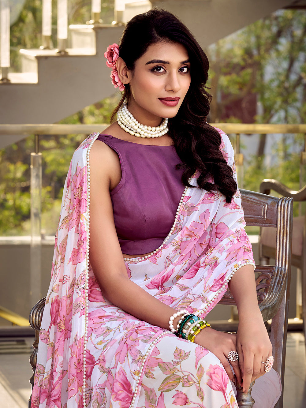 Lightweight pearl border saree in pink