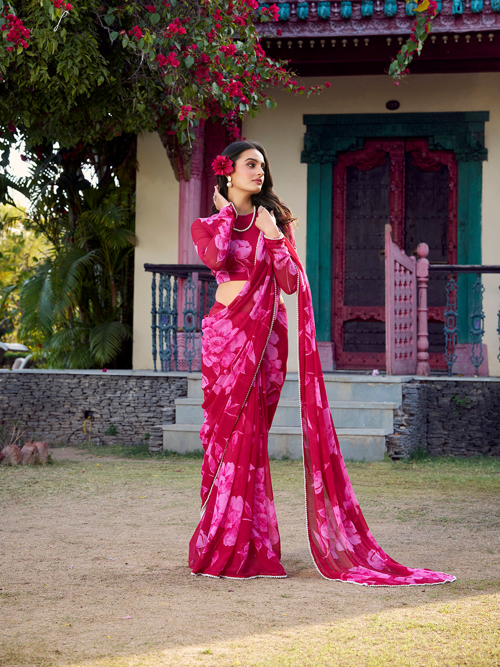 Floral chiffon saree paired with blouse fabric