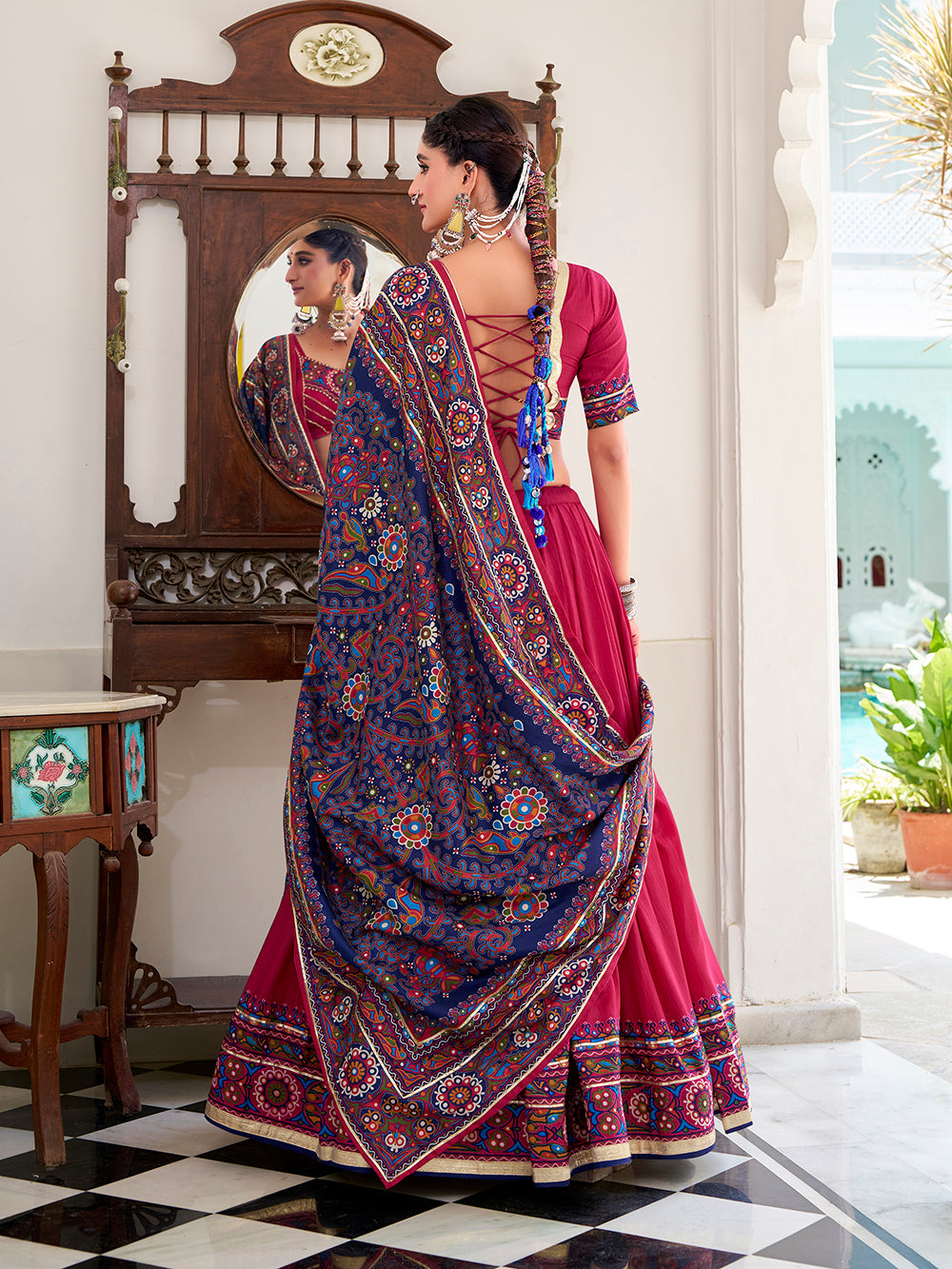 Pink Color Gamthi Print And Embossed Design Tasar Silk Lehenga Choli