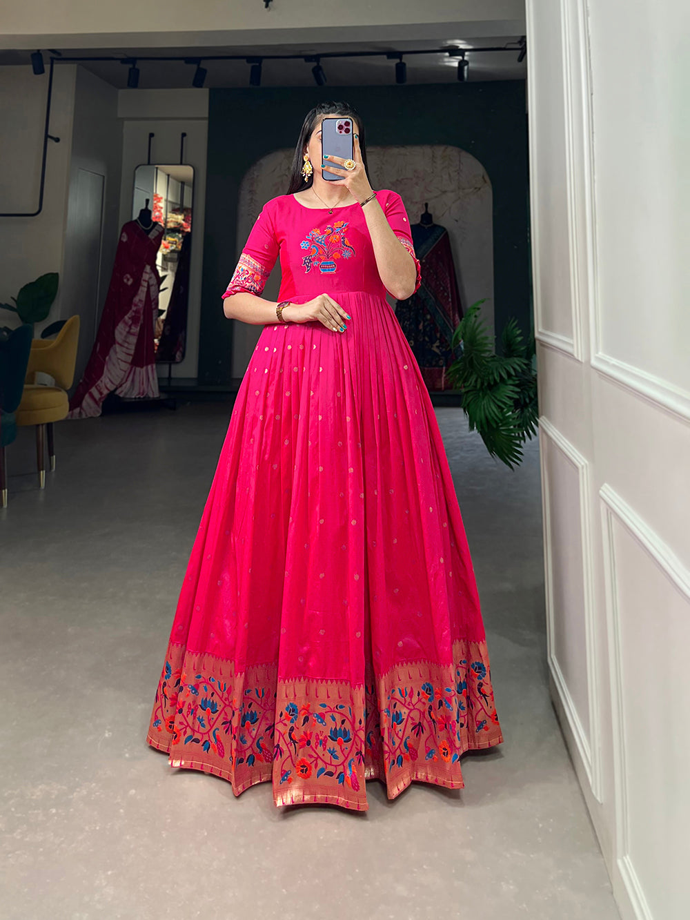 Pink Color Zari Weaving Work Jacquard Silk Dress