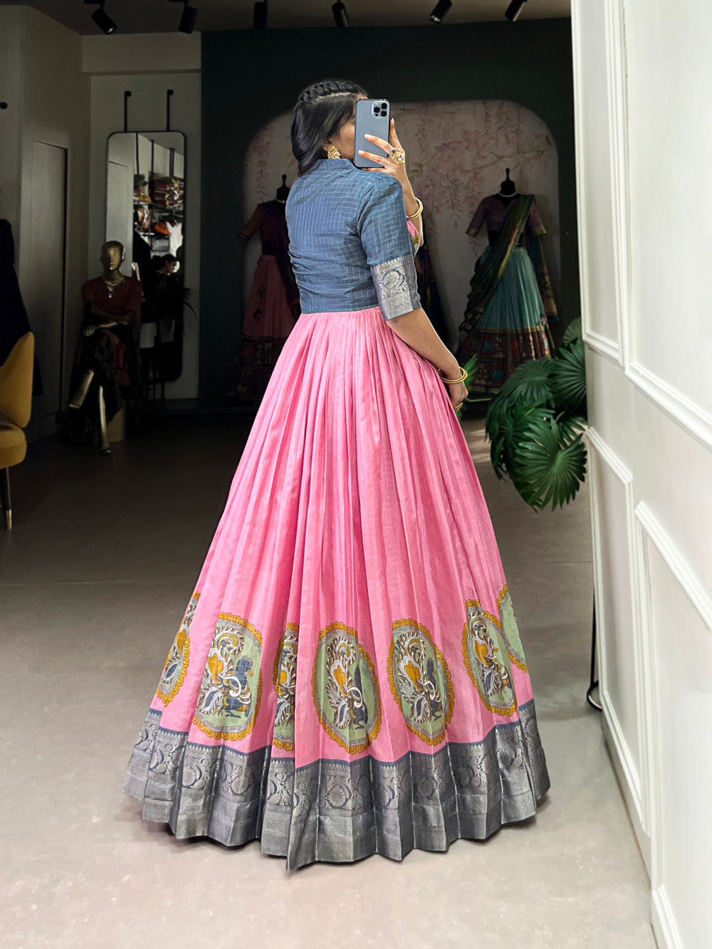 Pink Color Kalamkari Print With Zari Weaving Border Dola Silk Gown