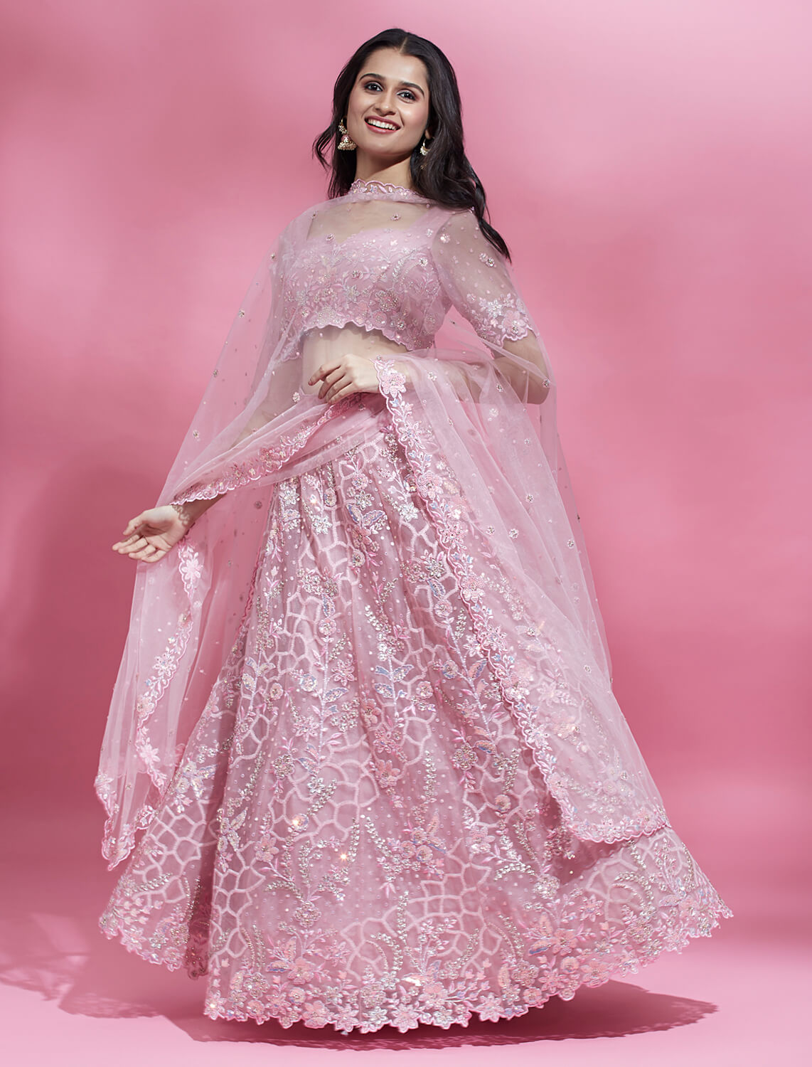 Pink Color Net Sequins And Diamond Work Semi-Stitched Lehenga