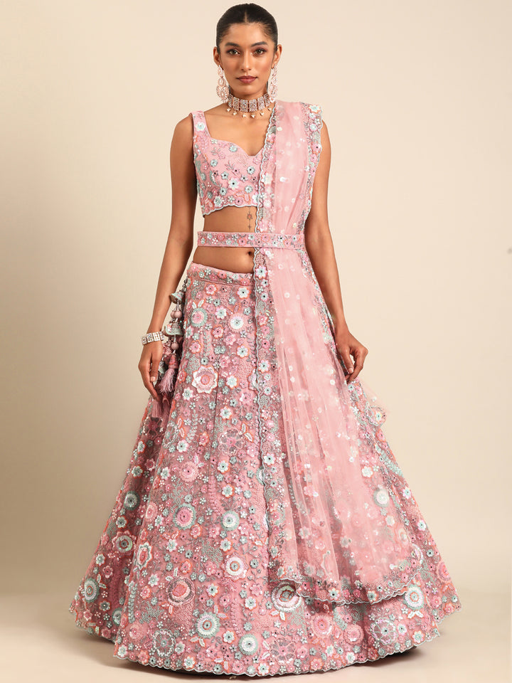 Pink Color Net Sequins And Mirror Work Wedding Wear Lehenga Choli