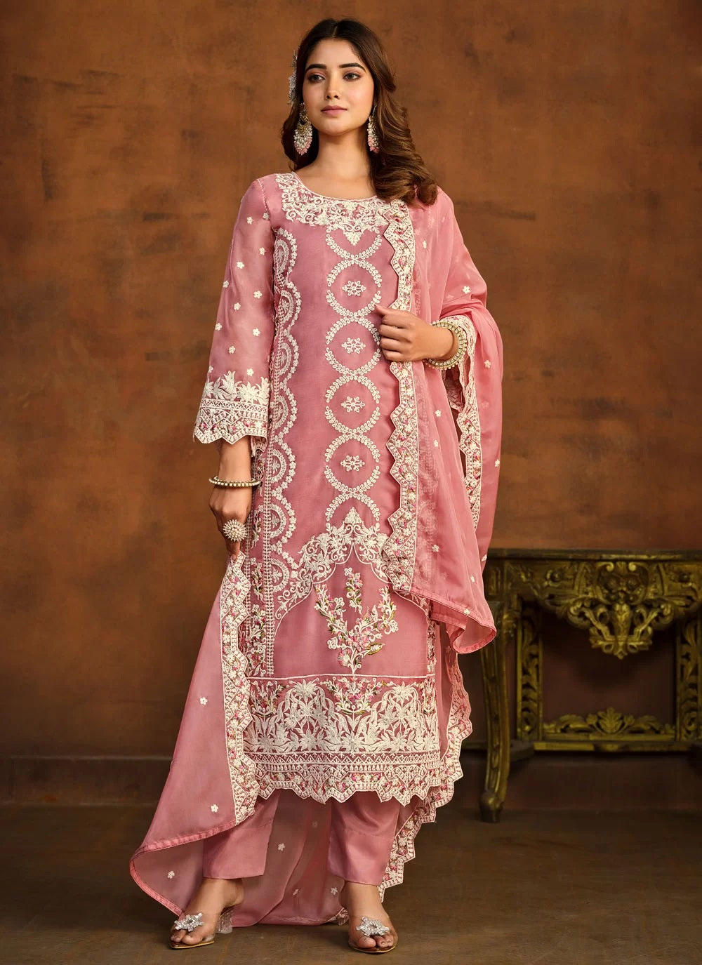Pink Color Organza Based Embroidered Straight Cut Suit