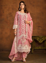 Pink Color Organza Based Embroidered Straight Cut Suit