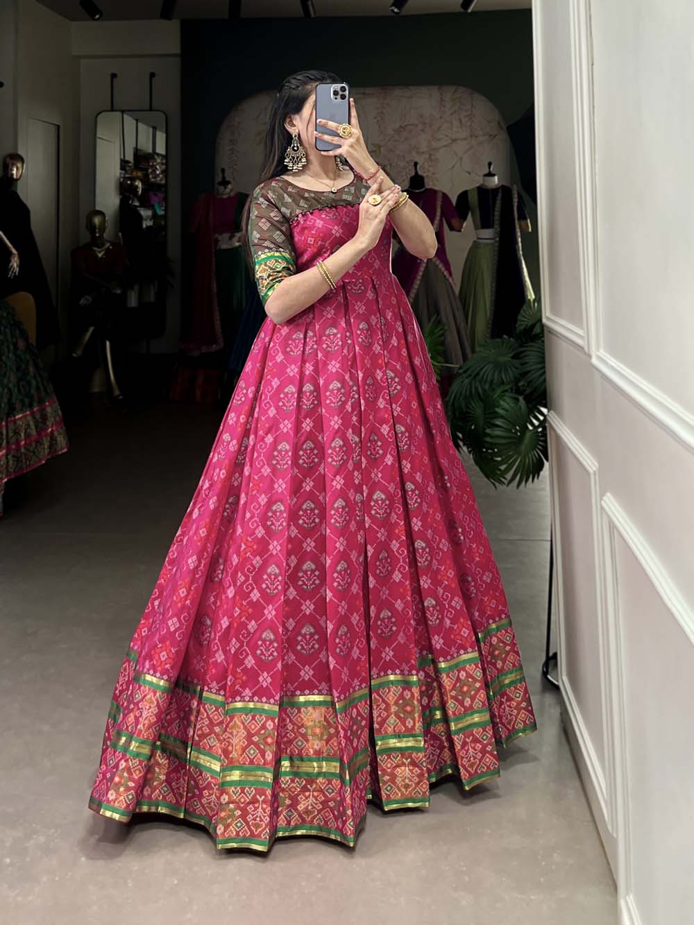Pink  Color Jacquard Silk Patola Print With Zari Weaving Work Gown