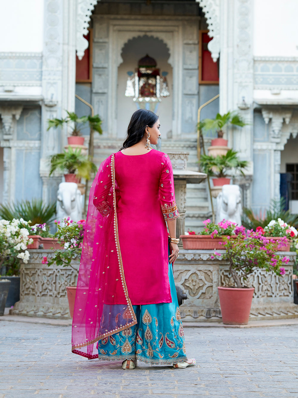 Pink Color Sequins And Thread Embroidery Work Moonga Silk Dress