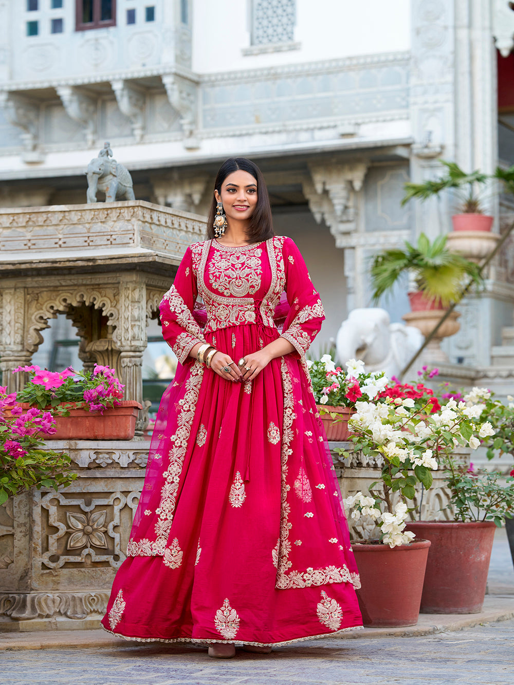Pink Color Sequins And Thread Embroidery Work With Lace Border Vichitra Silk Gown