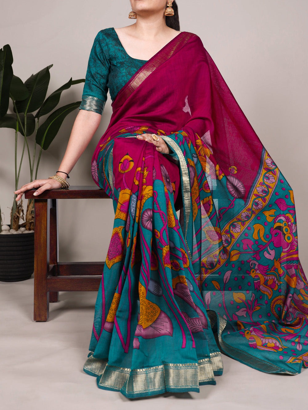 Pink chanderi silk floral printed saree