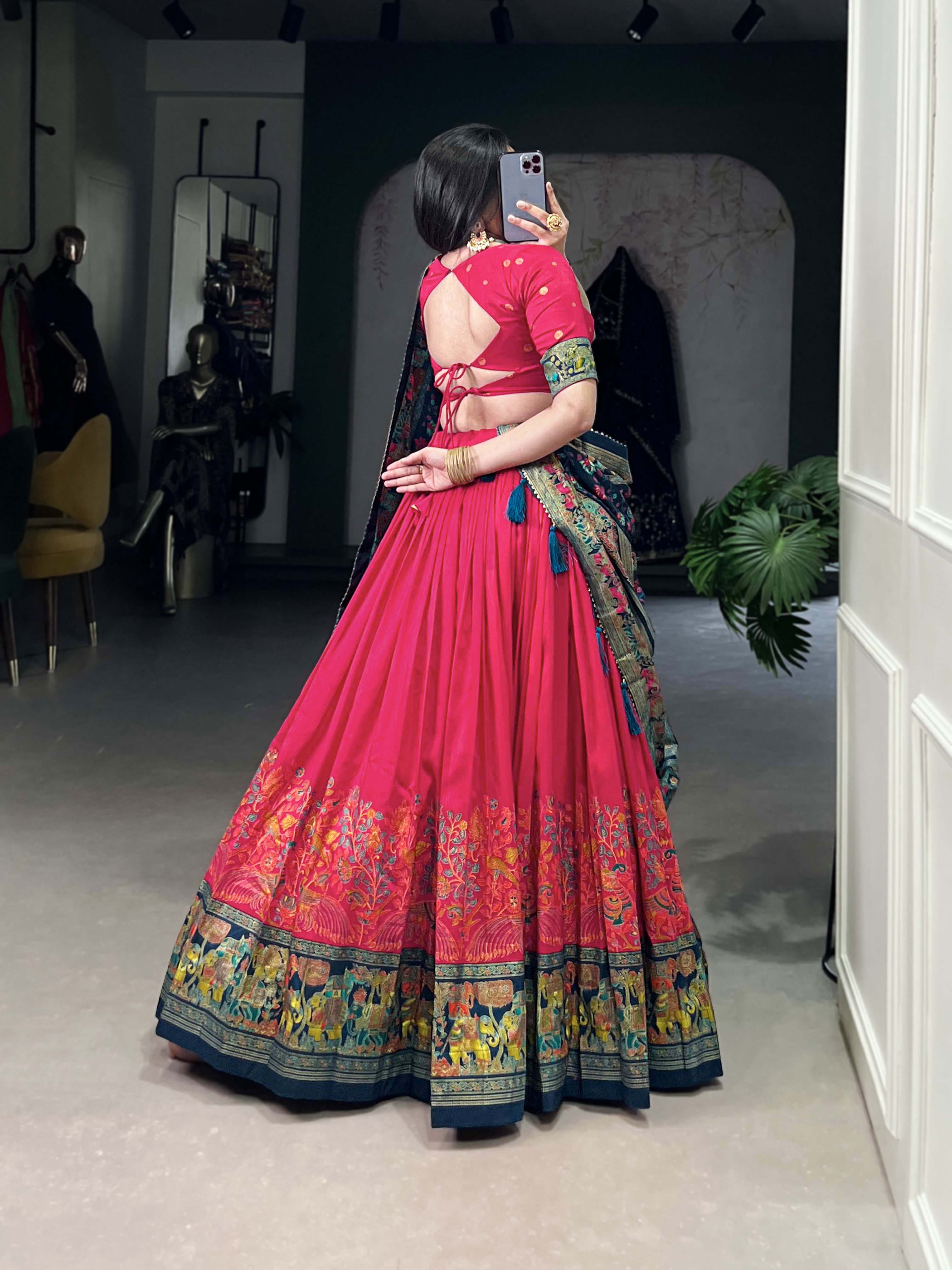 Pink Color Printed Foil Work Tussar Silk Lehenga Choli