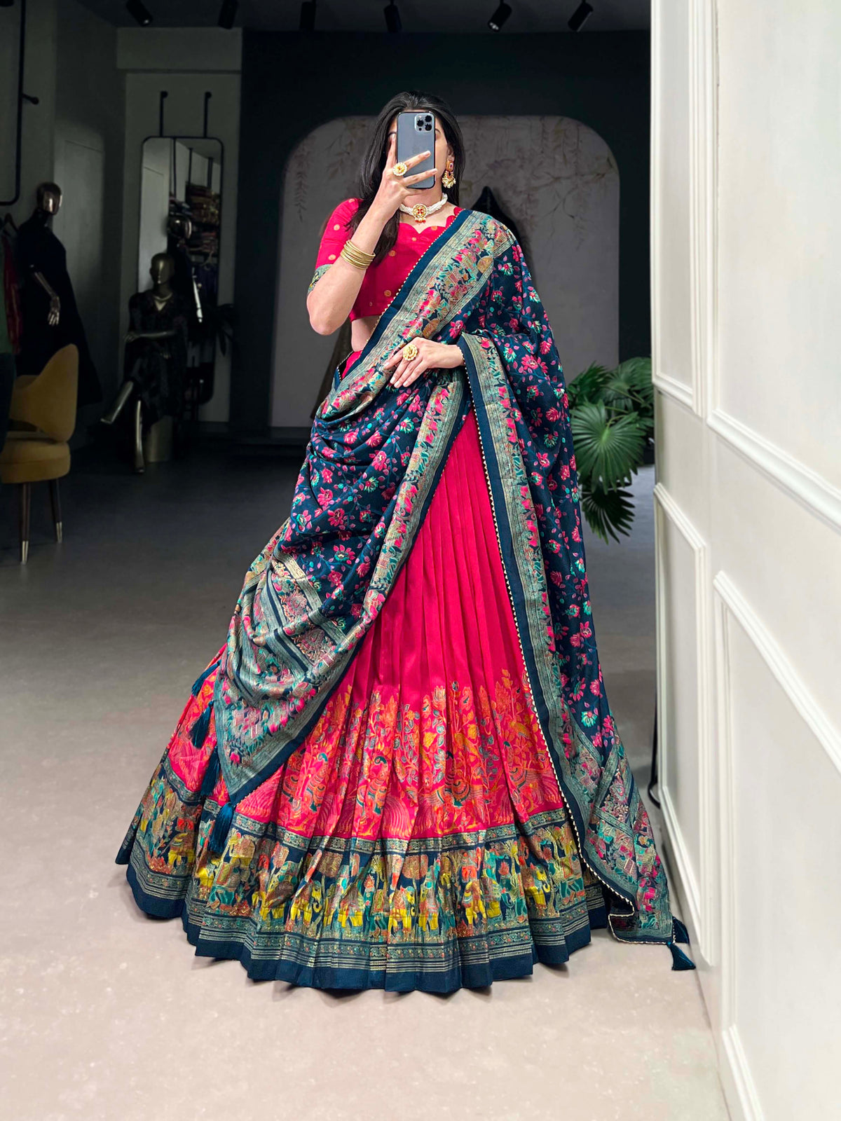 Pink Color Printed Foil Work Tussar Silk Lehenga Choli