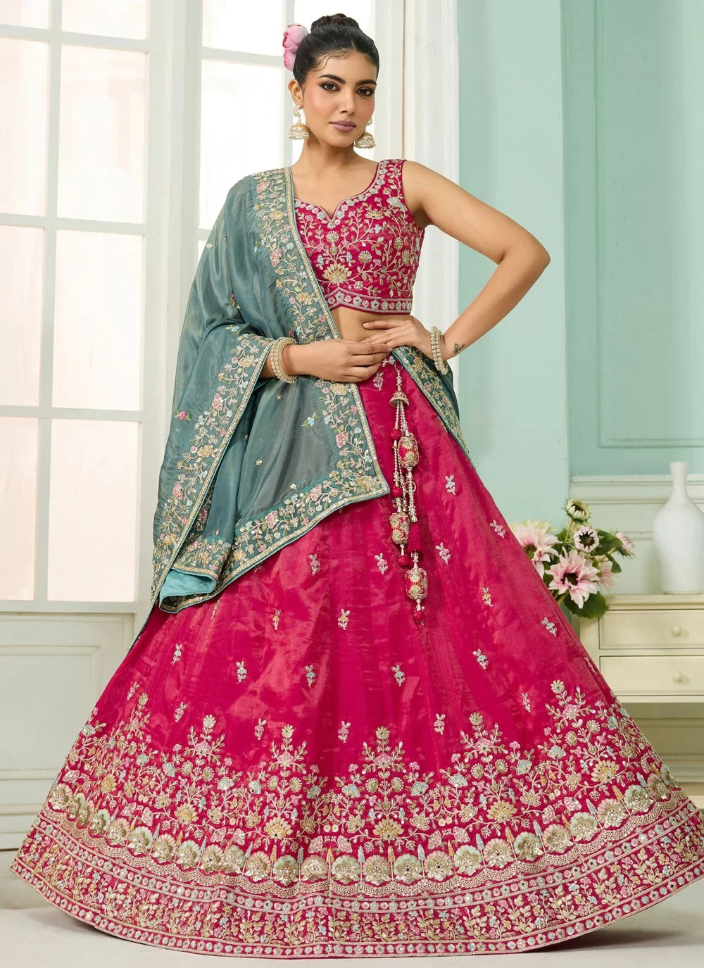 Designer pink cosmos silk lehenga with beads & sequin embroidery