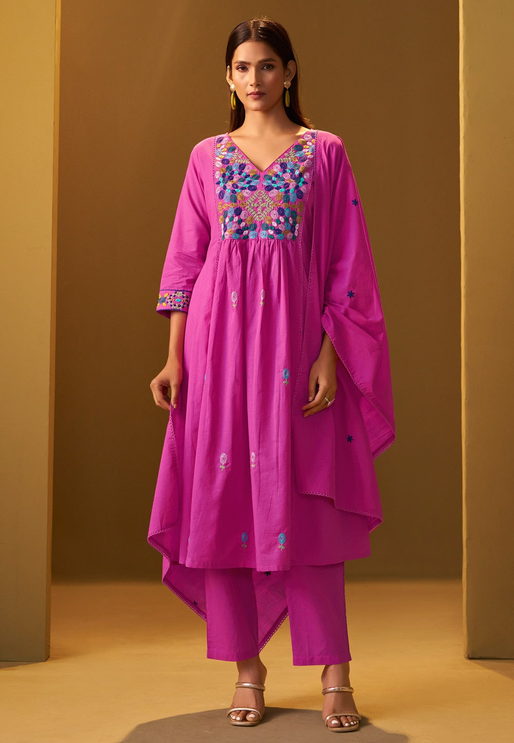 Graceful Pink Cotton Kurta Set For Women with Embroidery and Dupatta