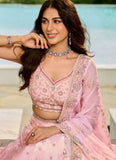 Pink embroidered silk lehenga with full flair