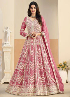 Pink embroidered Anarkali suit in faux georgette fabric