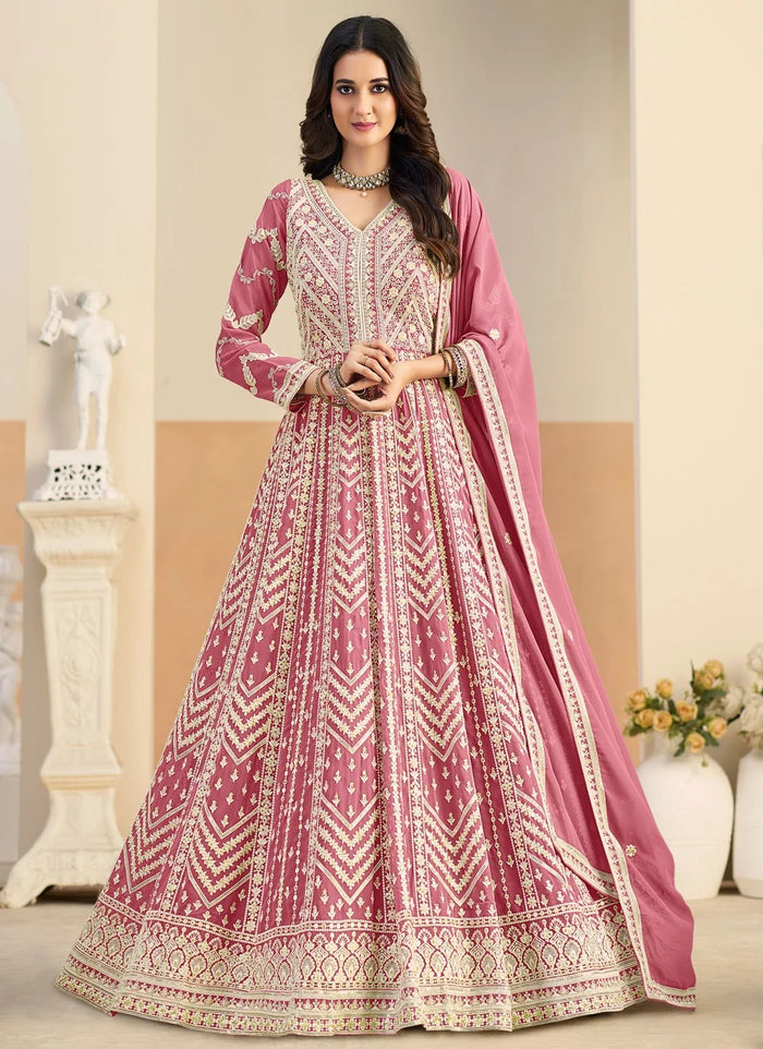 Pink embroidered Anarkali suit in faux georgette fabric