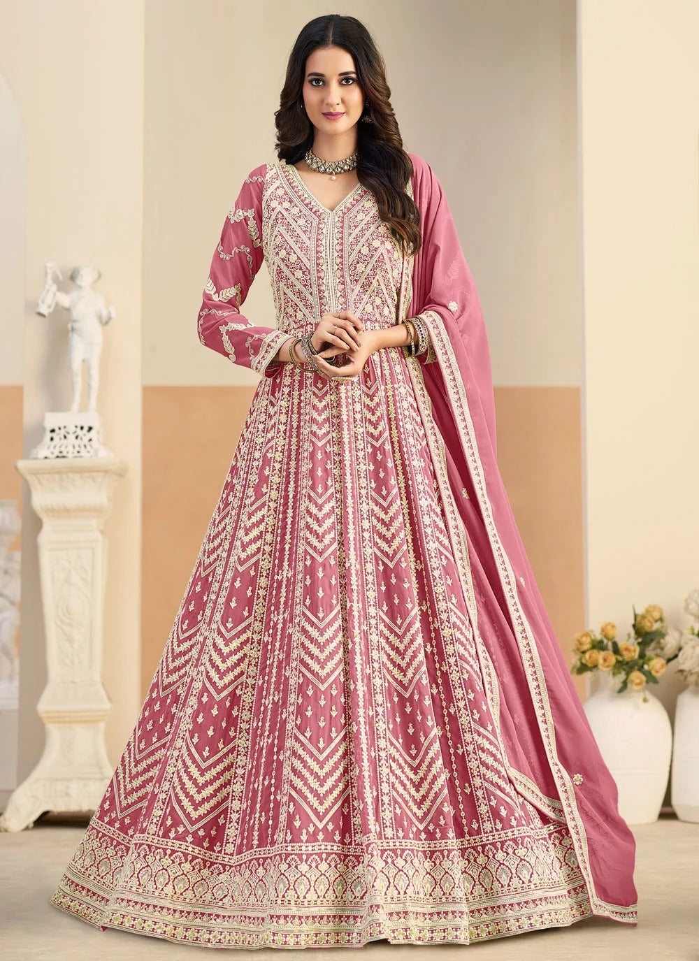 Pink embroidered Anarkali suit in faux georgette fabric