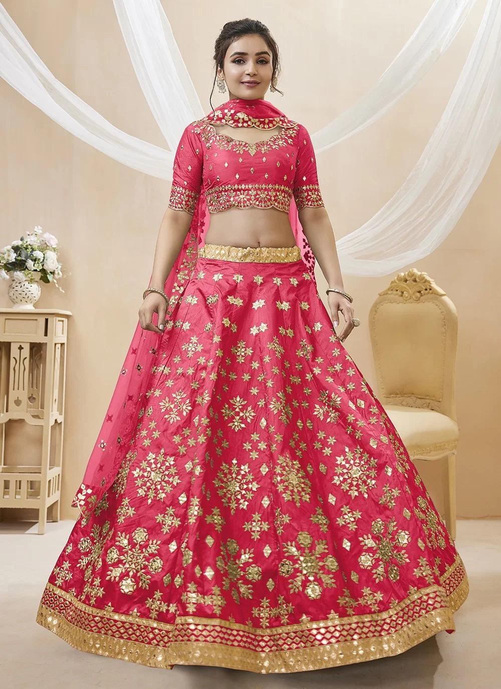 Pink Embroidered Art Silk Indian Wedding Lehenga