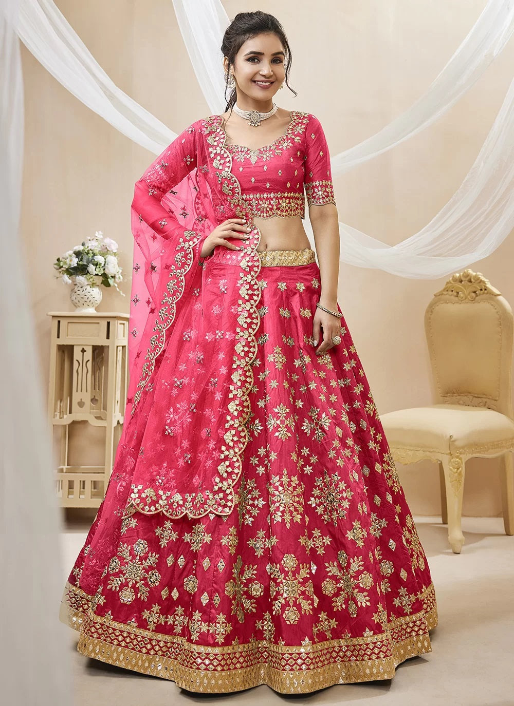 Pink Embroidered Art Silk Indian Wedding Lehenga