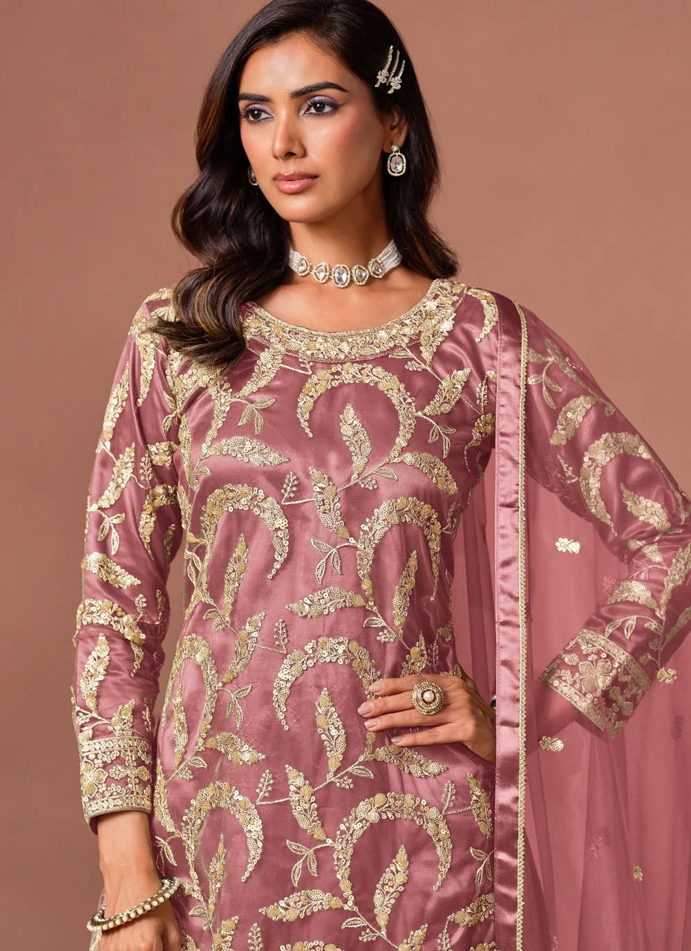 Designer pink party wear palazzo suit with traditional zari and sequins embroidery