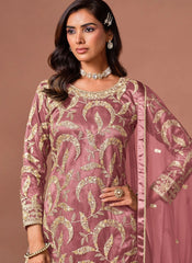 Designer pink party wear palazzo suit with traditional zari and sequins embroidery
