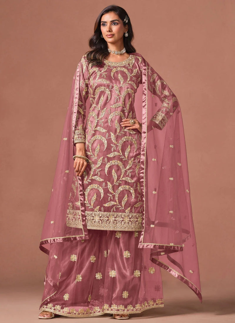 Pink palazzo salwar suit with embroidered sequins and zari work