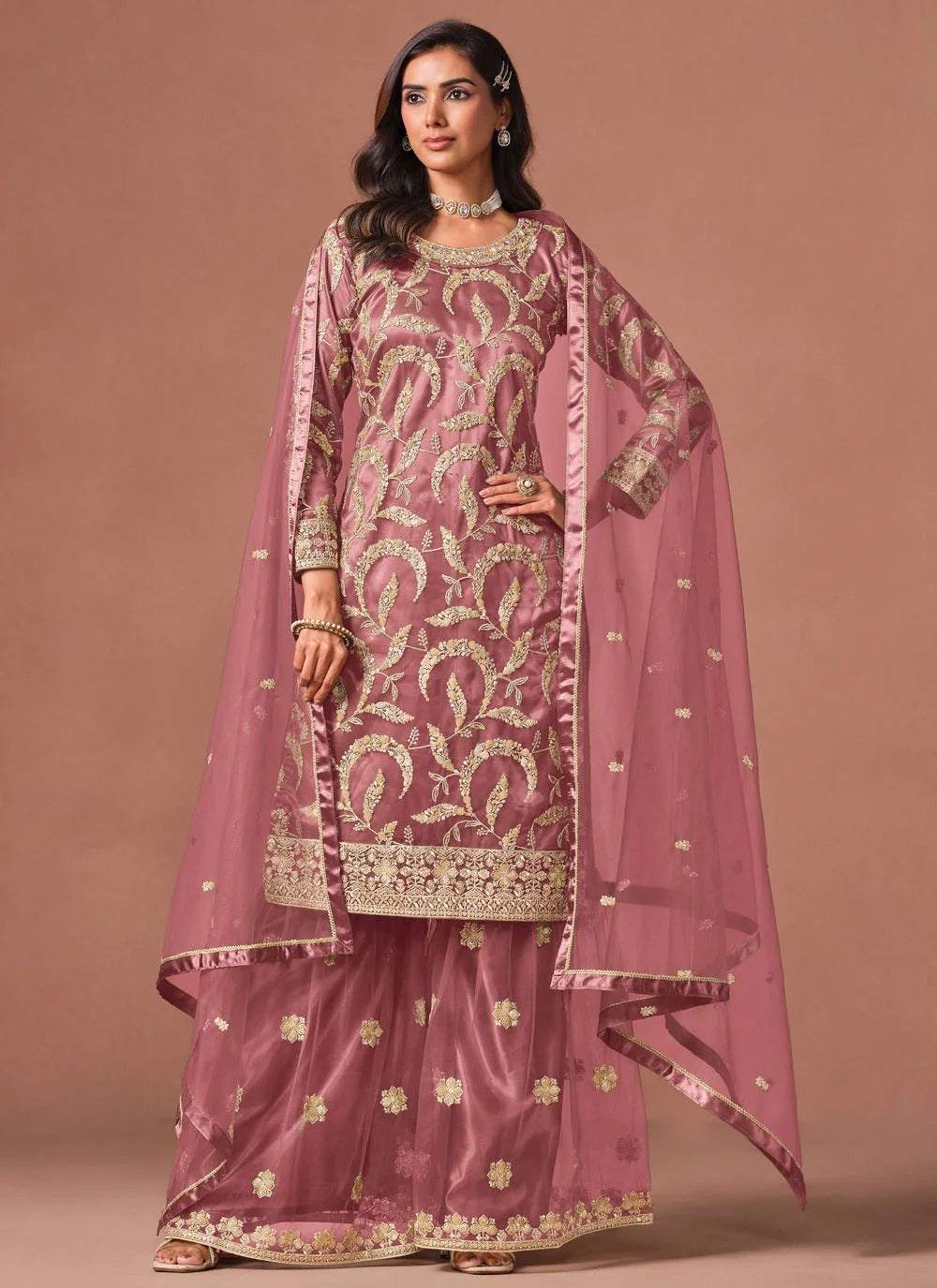 Pink palazzo salwar suit with embroidered sequins and zari work