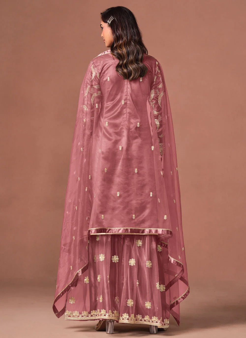 Pink net embroidered suit set with palazzo bottom and matching dupatta