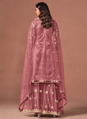 Pink net embroidered suit set with palazzo bottom and matching dupatta