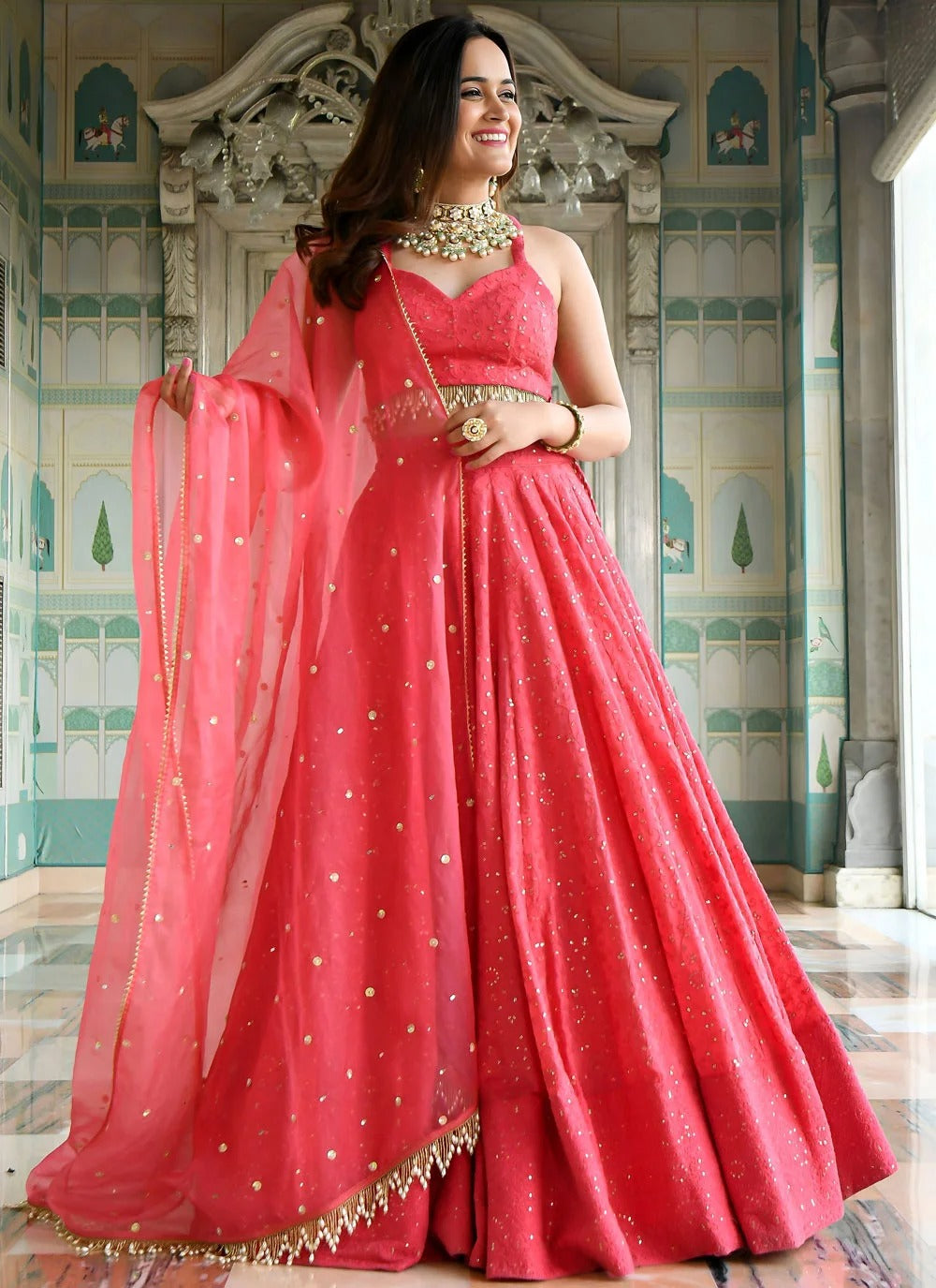 Sequins embroidered wedding lehenga with pearl border