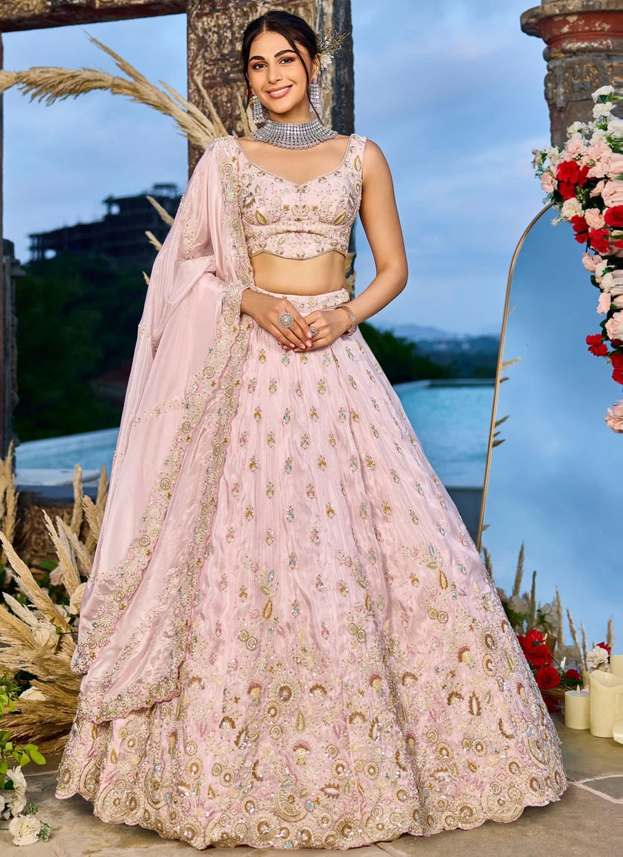 Pink tissue engagement lehenga with sequins embroidery