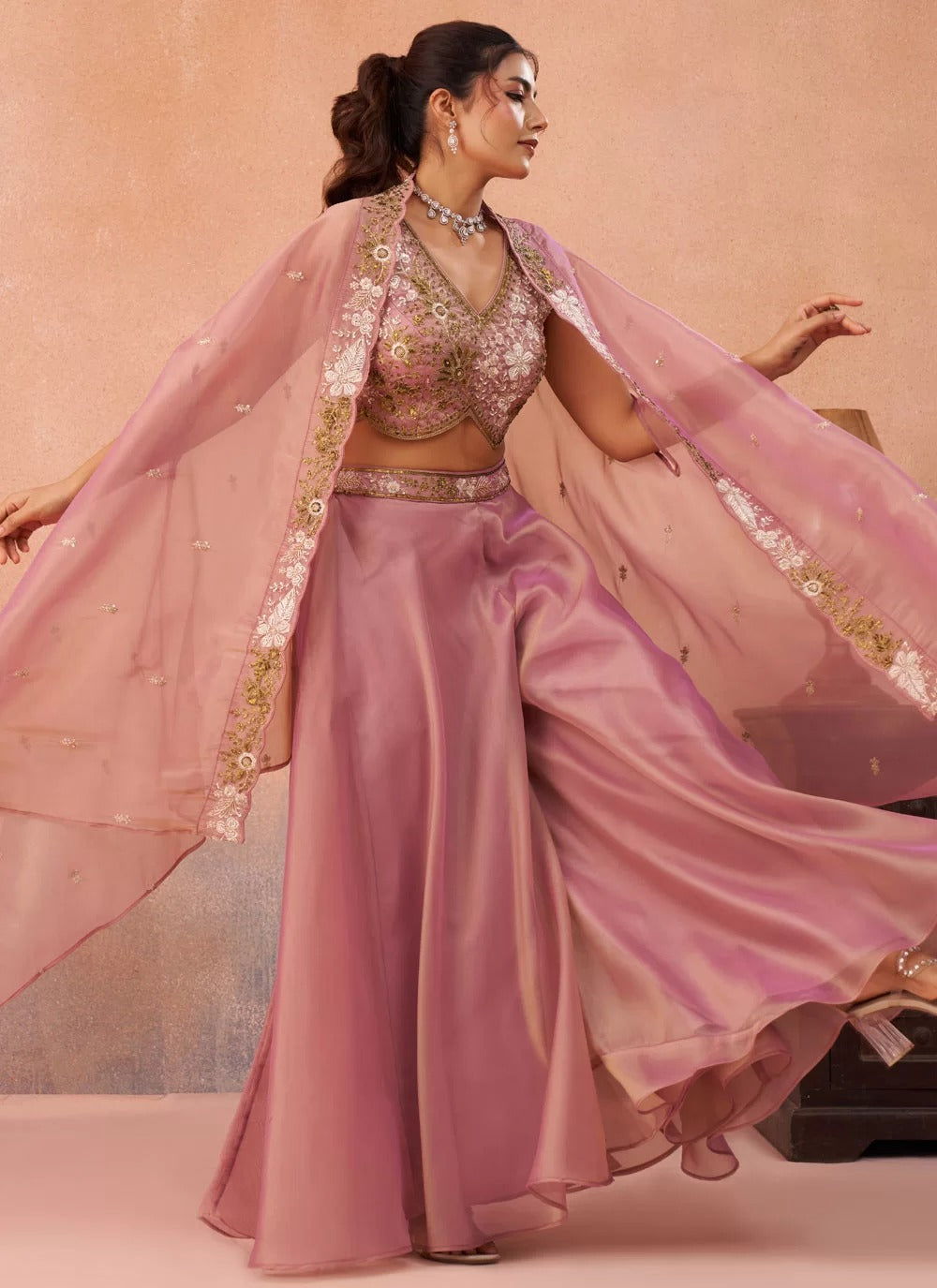 Pink flared palazzo set with beads embroidered cape